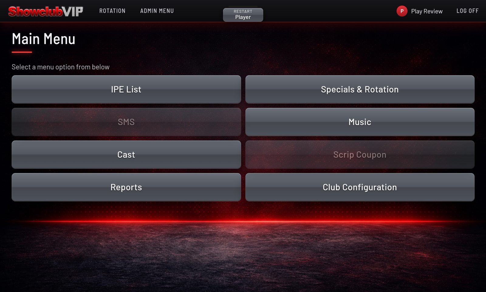Main Menu on a tablet in landscape